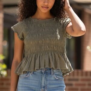 Smocked Peplum Blouse Olive Green Cottagecore Boho Top XS Anthropologie